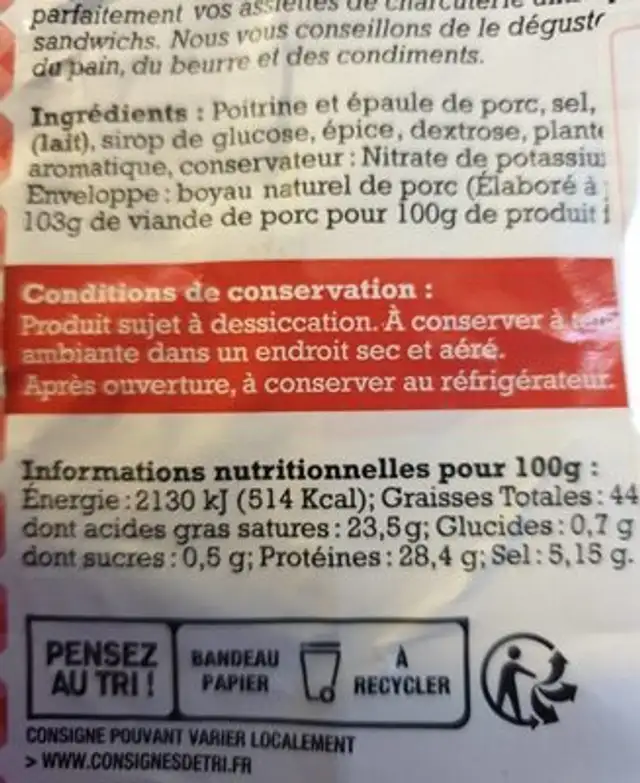Saucisse seche nutrition facts table