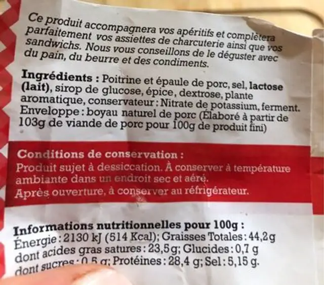 Saucisse seche pur porc nutrition facts table