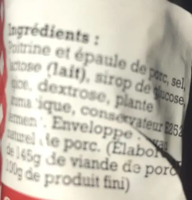 Saucisse sèche Pur Porc ingredients label
