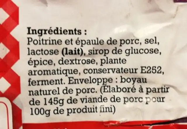 Saucisse sèche pur porc ingredients label