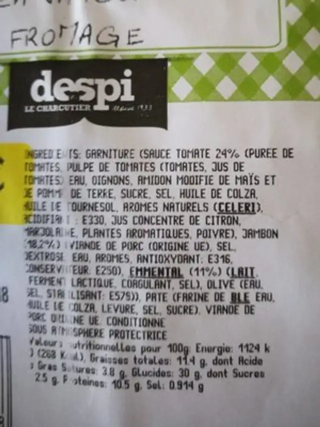 Pizza jambon fromage despi ingredients label