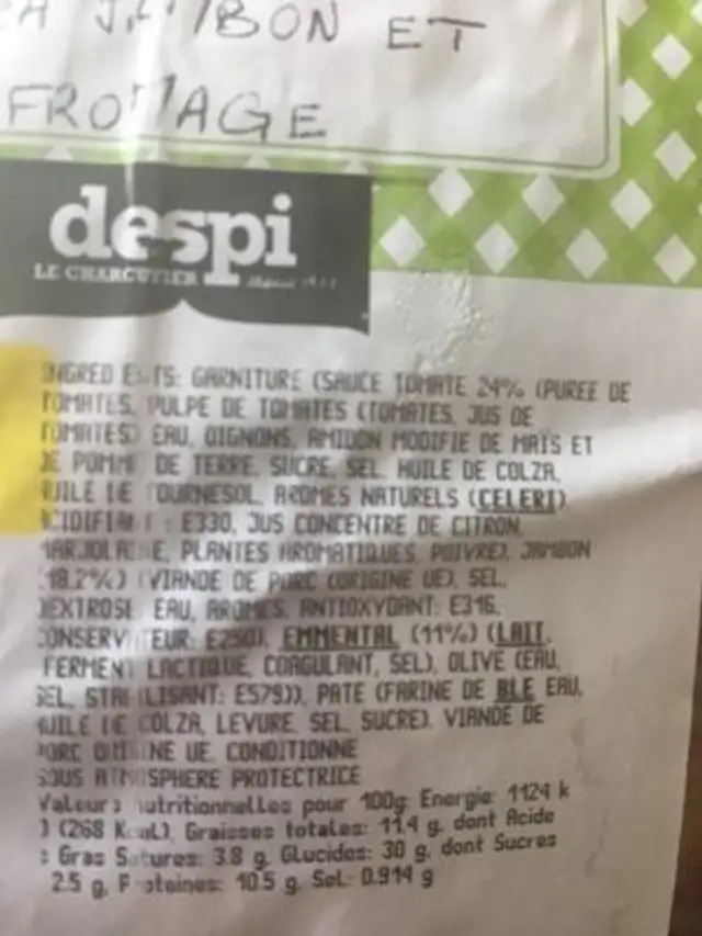 Pizza jambon et fromage ingredients label