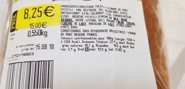 saucisson brioche ingredients label