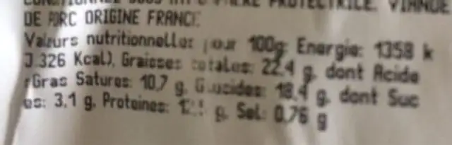 Saucisson brioché nutrition facts table