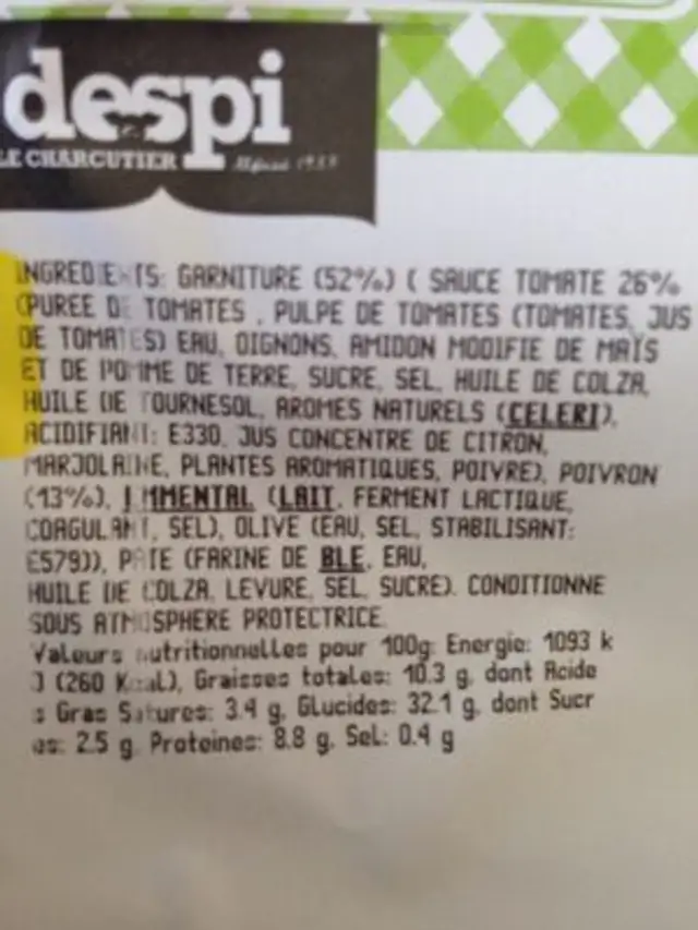 Pizza provencale ingredients label