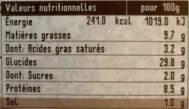 Pizza aux champignons nutrition facts table