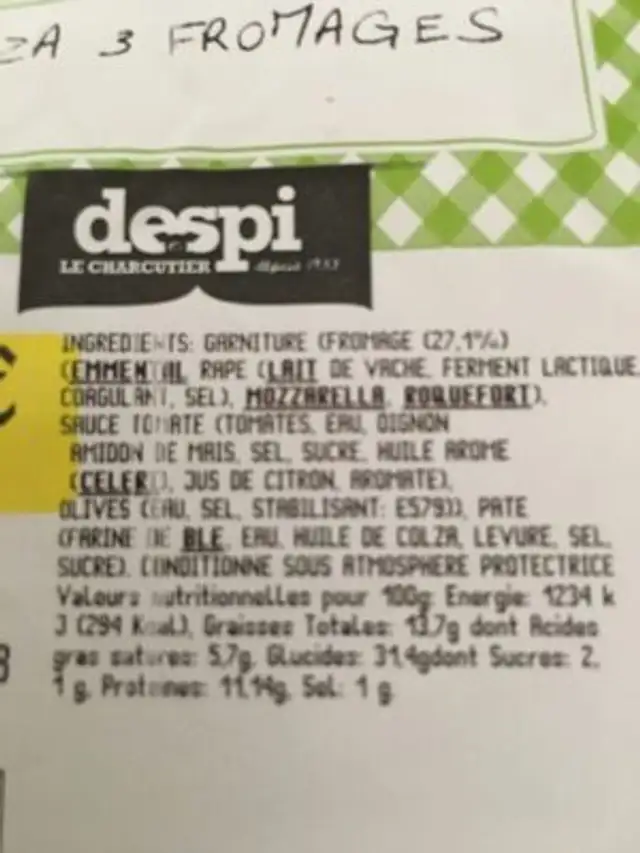 Pizza 3 fromages ingredients label