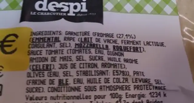 Pizza 3 fromages ingredients label