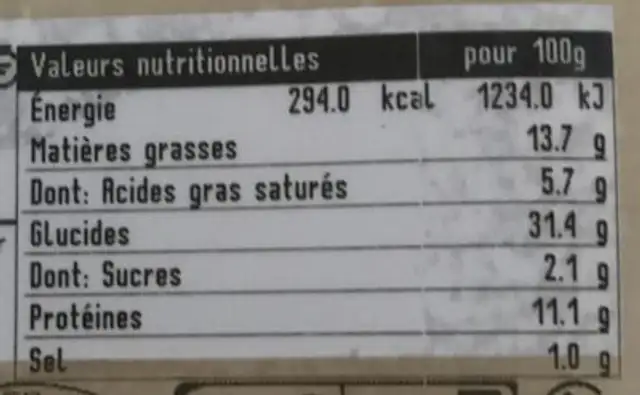 Pizza 3 fromages nutrition facts table