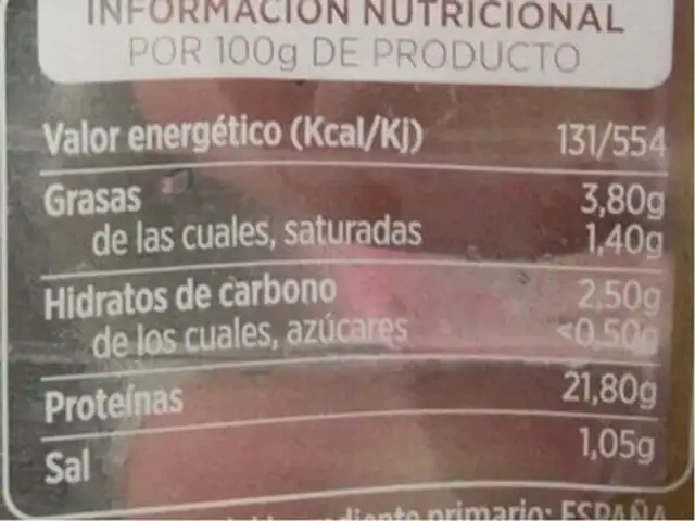 Pata asada nutrition facts table