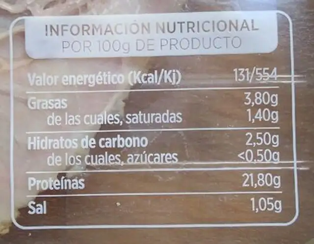 Pata asada nutrition facts table
