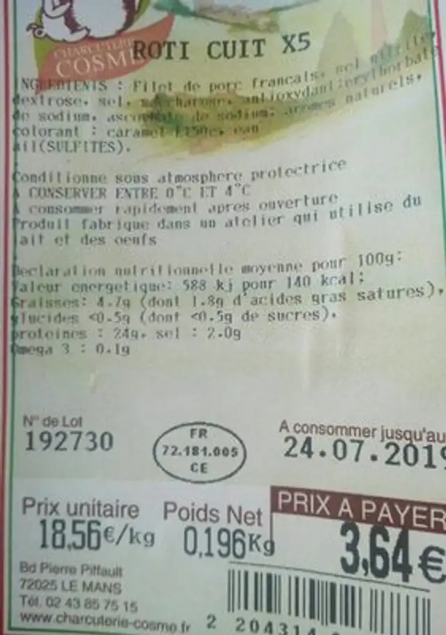 Rôti de porc cuit nutrition facts table