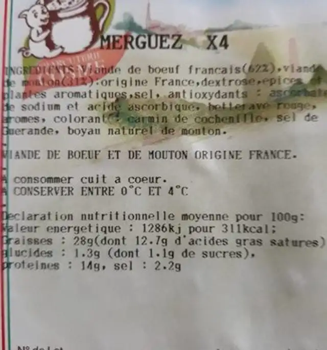 Merguez x4 nutrition facts table