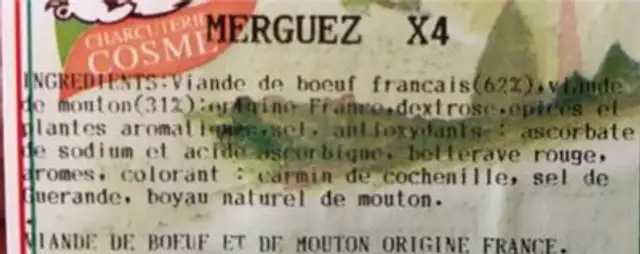 Merguez ingredients label