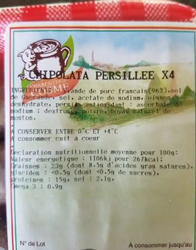 Chipolatas persillee ingredients label