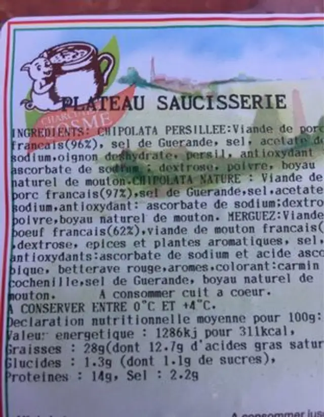 Plateau Saucisserie ingredients label