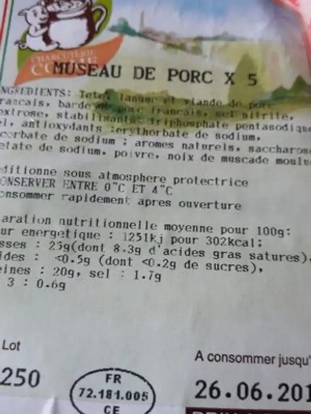Museau de porc ingredients label