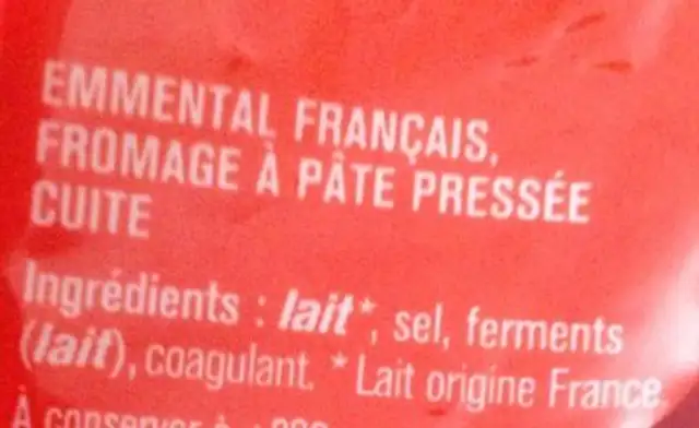 Emmental français ingredients label