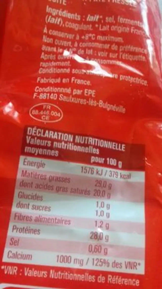 Emmental français ingredients label
