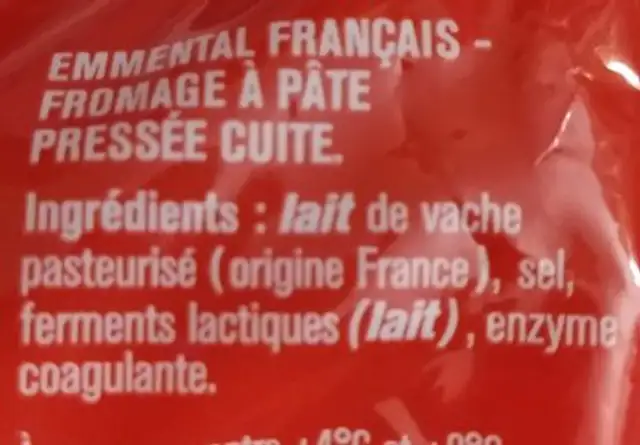 Emmental français ingredients label