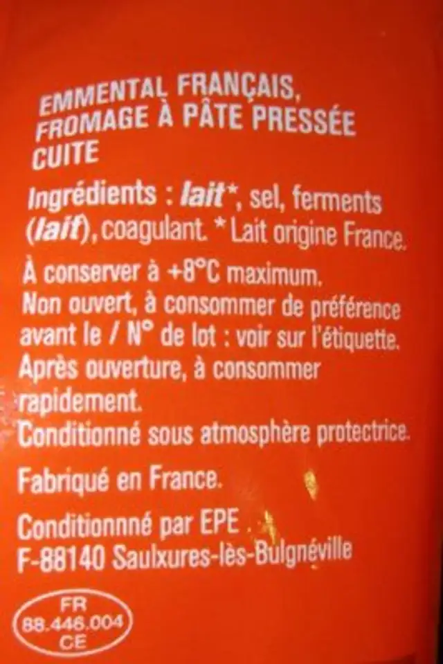 Emmental ingredients label