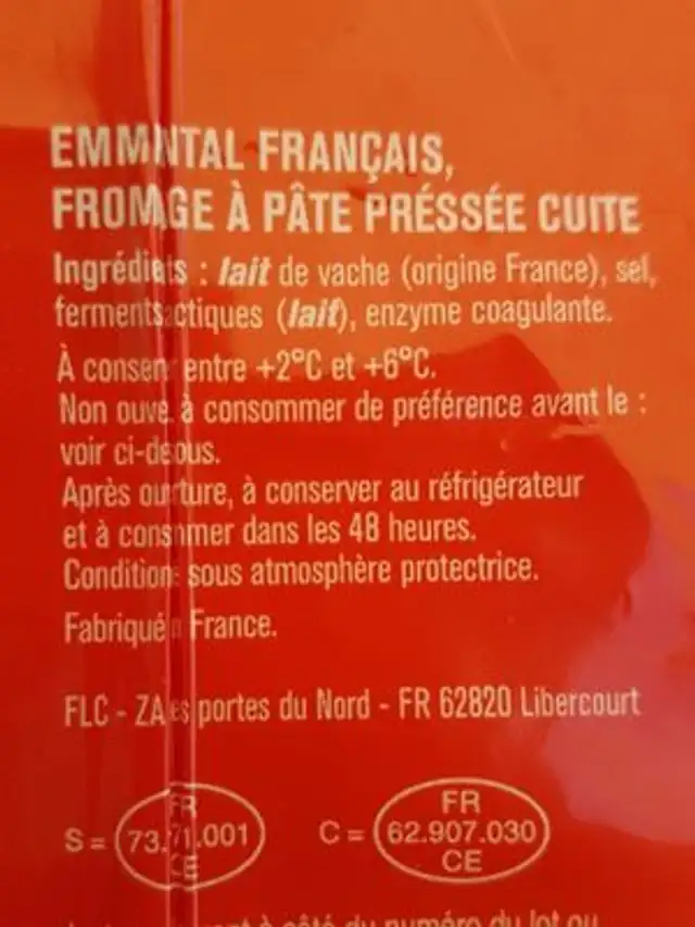 Emmental francais ingredients label