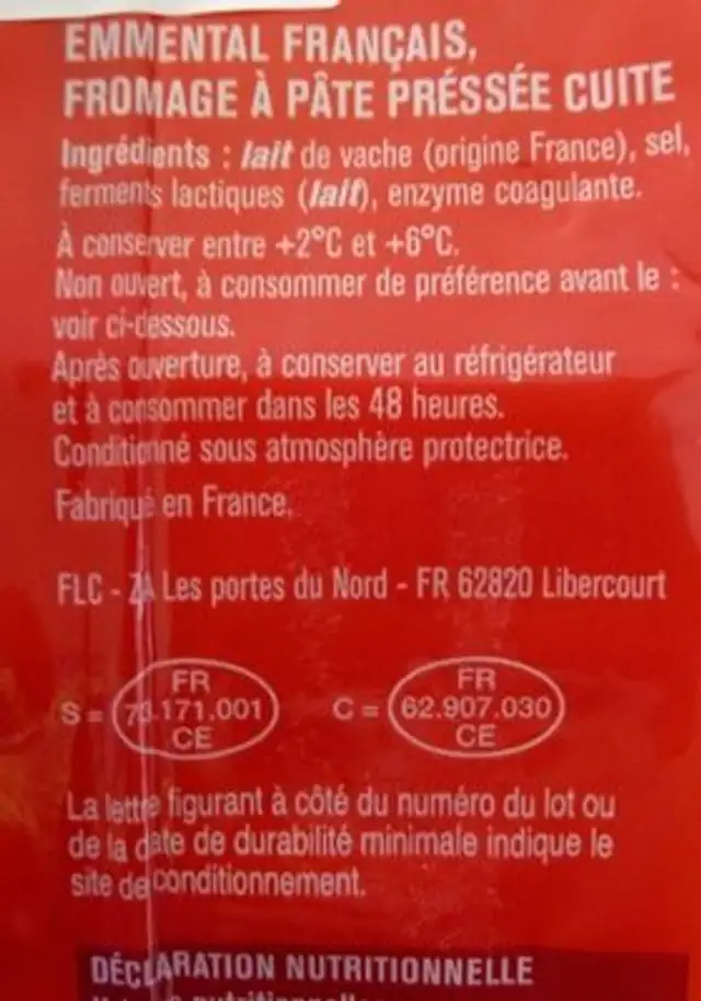 Emmental ingredients label