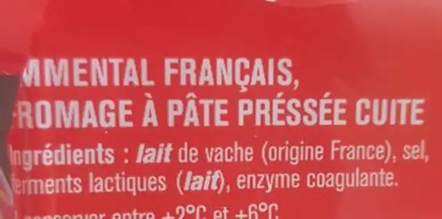 Emmentale ingredients label