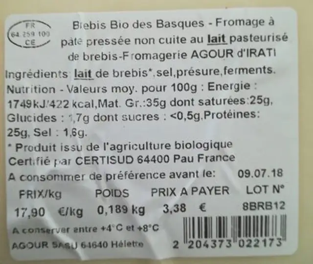 Brebis Bio des Basques ingredients label