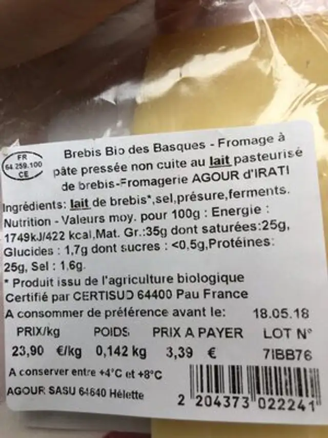 Brebis bio des basques ingredients label