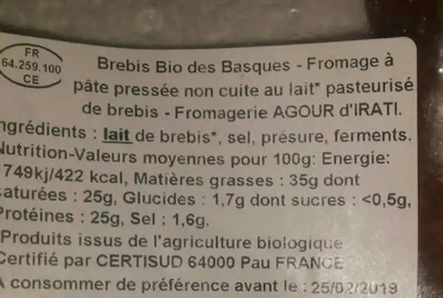 Brebis bio des basques ingredients label