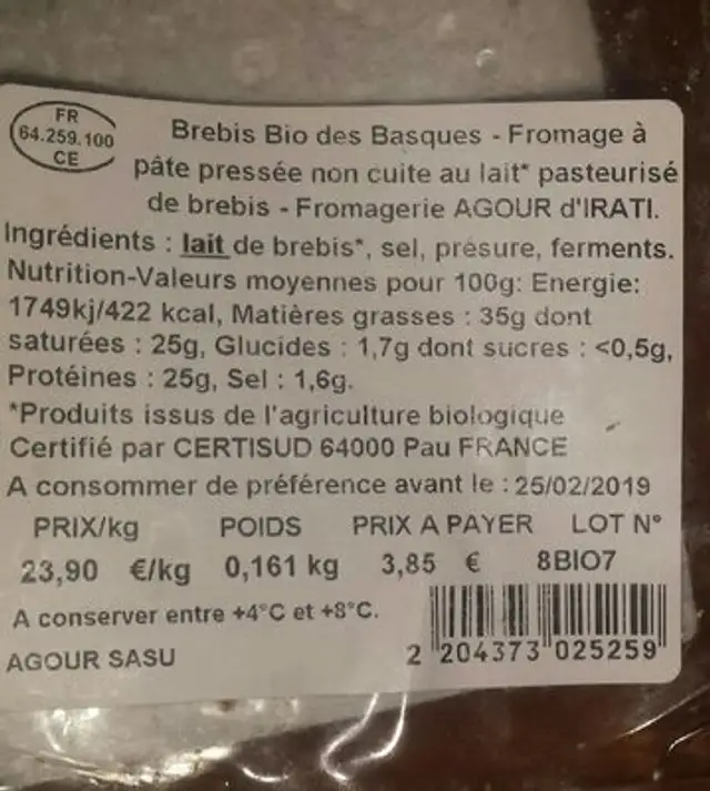 Brebis bio des basques nutrition facts table
