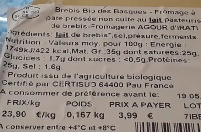 Brebis BIO des Basques ingredients label