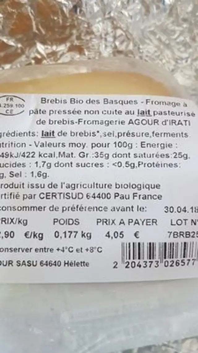 Brebis bio des Basques ingredients label