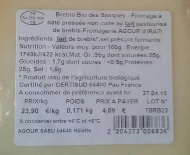 Fromage de Brebis bio des basques ingredients label