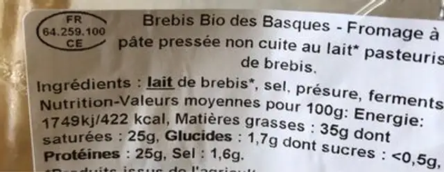 Fromage Agour Brebis des Basques ingredients label