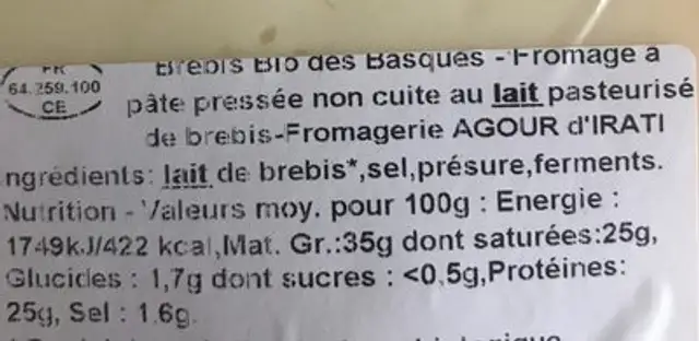 Brebis bio de basques ingredients label