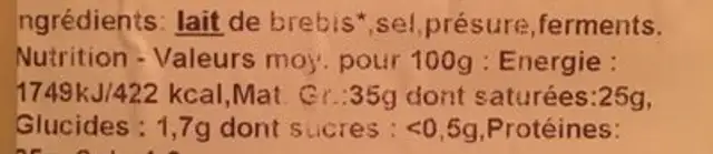 Fromage de Brebis bio ingredients label
