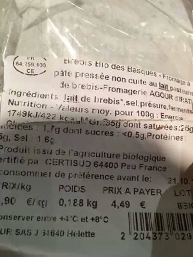 Brebis des Basques nutrition facts table