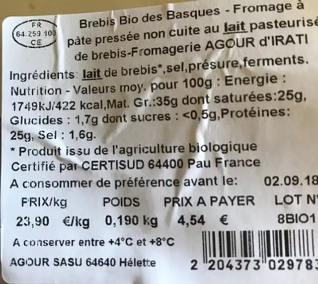 Brebis bio des basques ingredients label