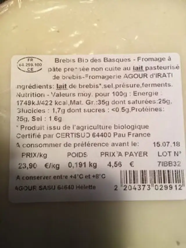 Brebis bio des basques ingredients label