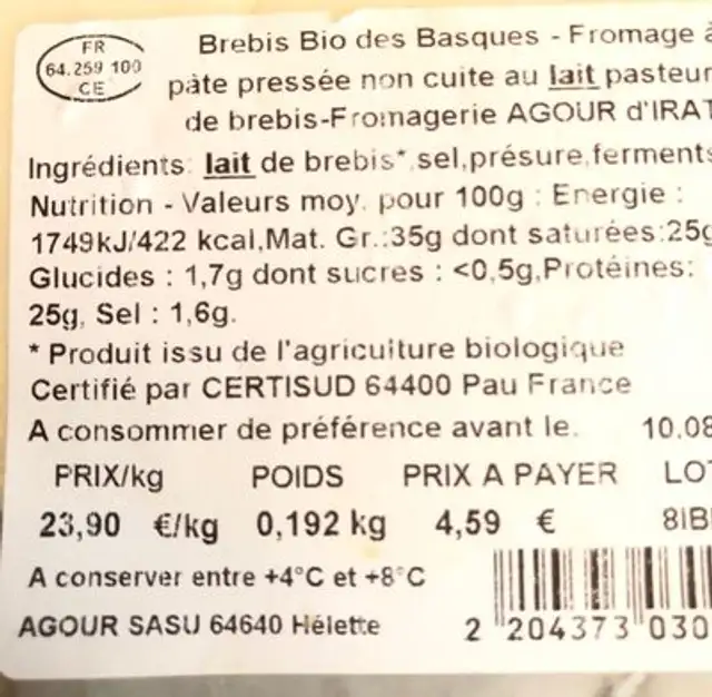 Brebis bio des basques ingredients label