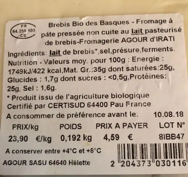 Brebis bio des basques nutrition facts table