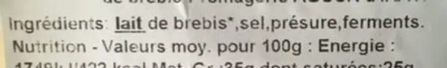 Brebis bio ingredients label