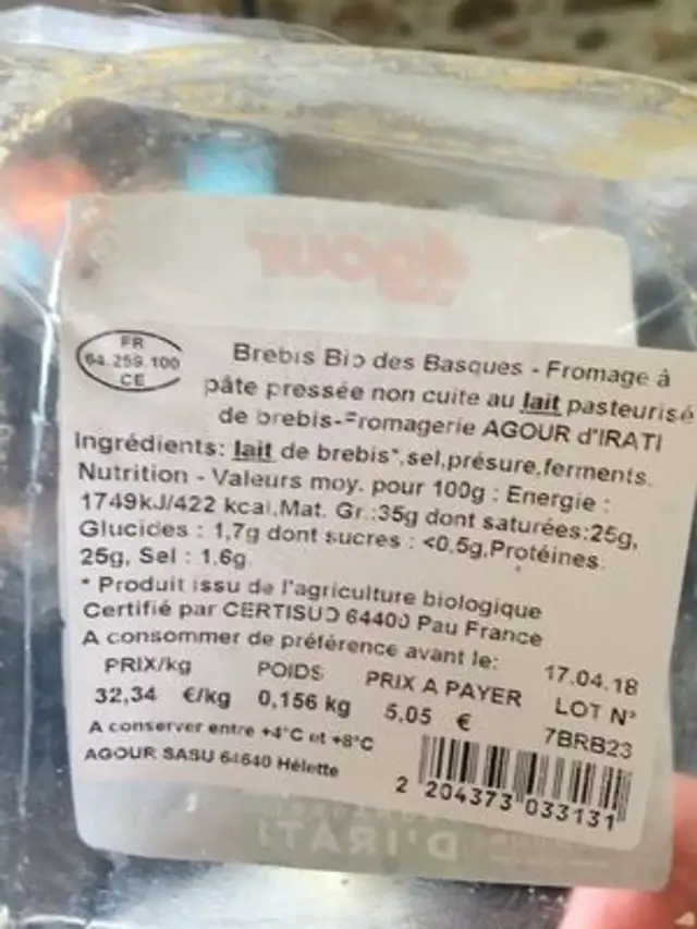 Brebis bio des basques ingredients label