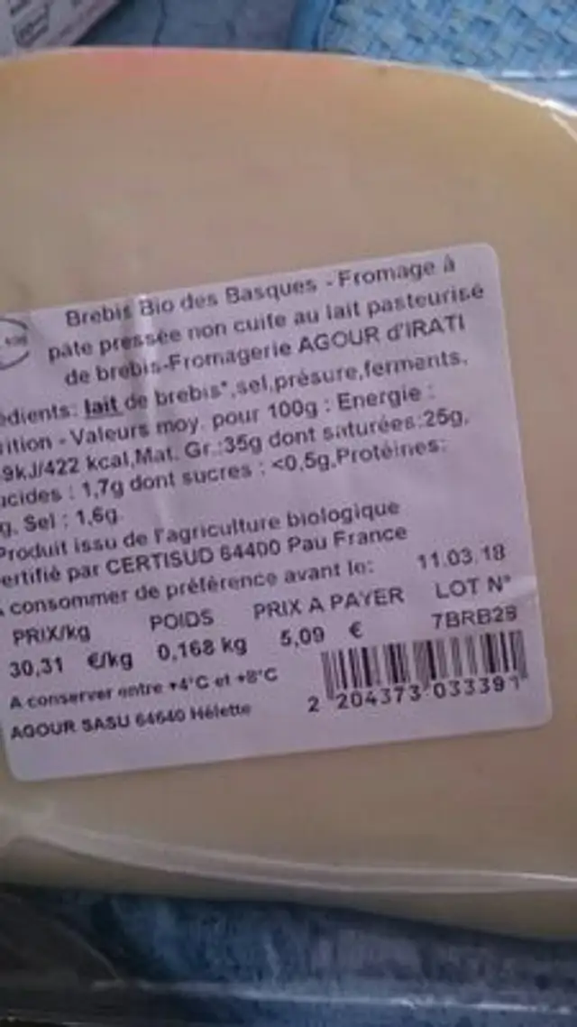 Brebis des basques bio ingredients label