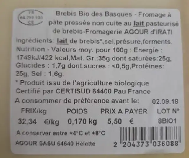Brebis bio des basques ingredients label