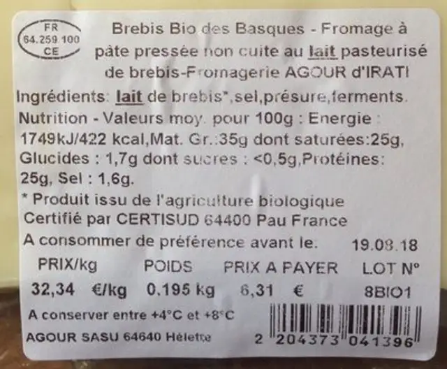 Brebis bio des basques ingredients label
