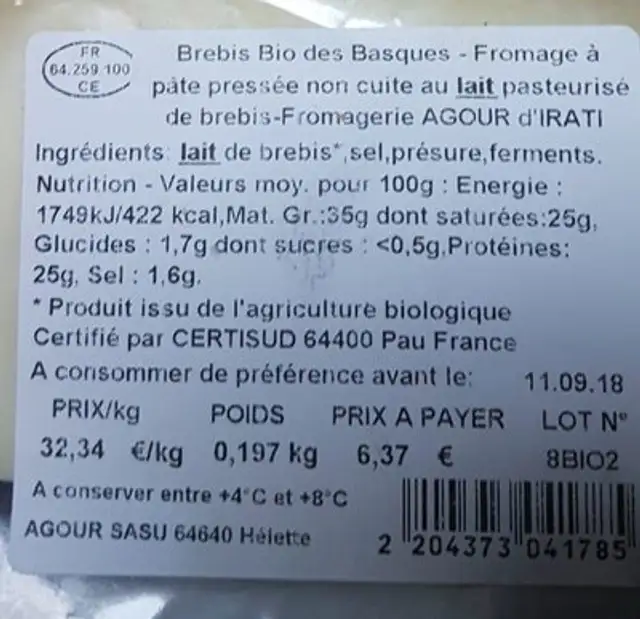 Brebis Bio des Basques ingredients label