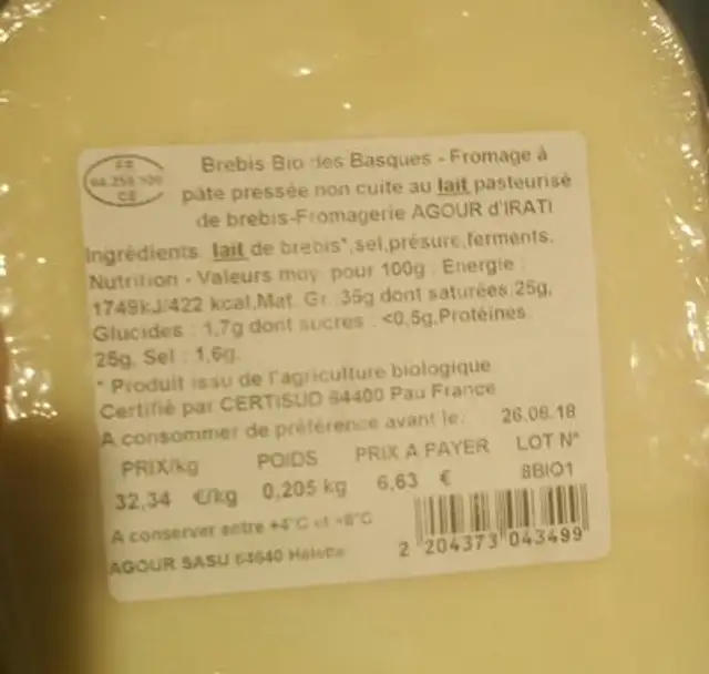 Brebis bio des basques ingredients label